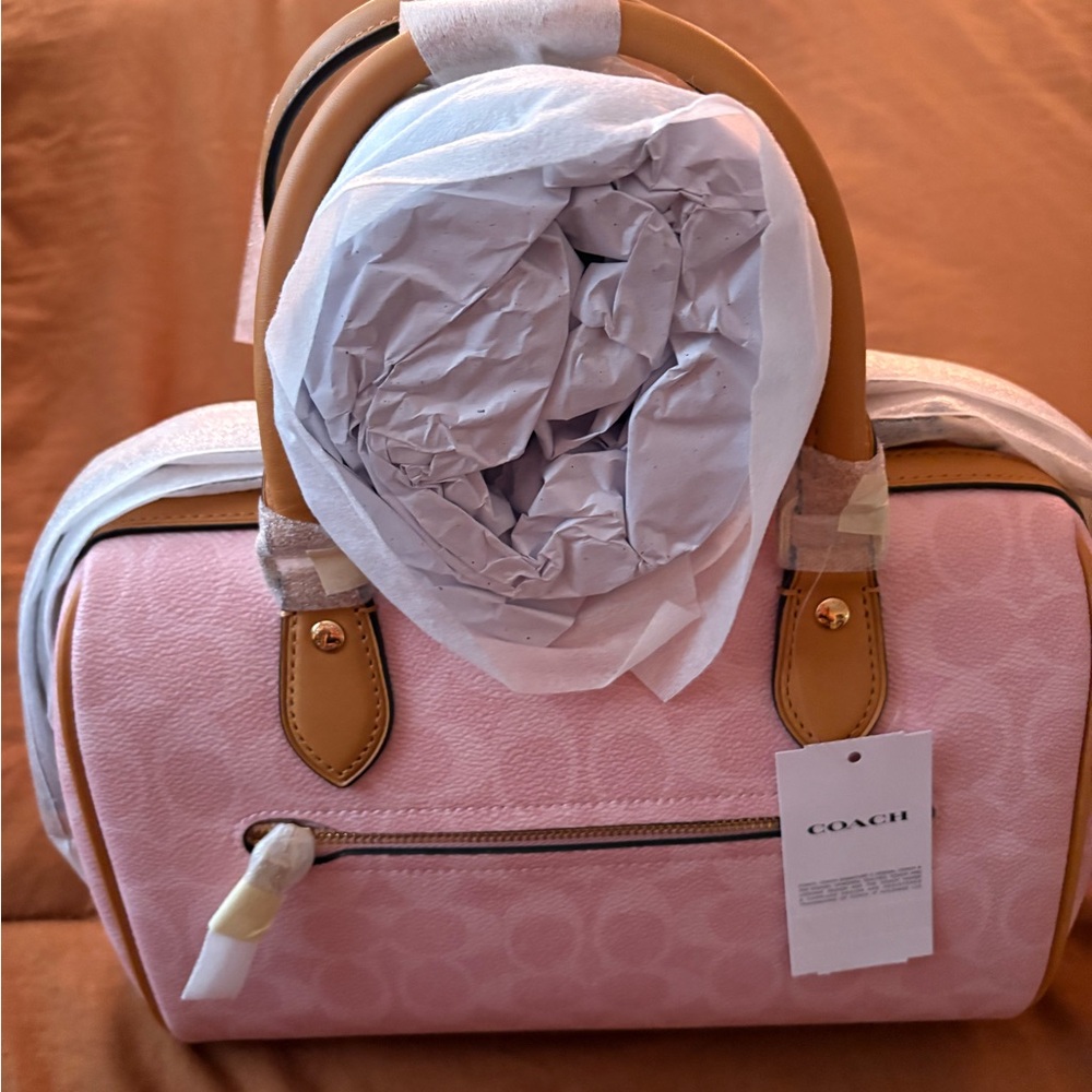 Coach Powder Pink & Tan Signature Medium Rowan Satchel